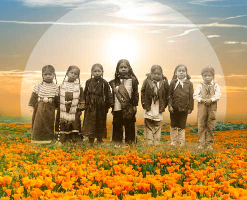 Artwork depicting 7 children in a field of flowers